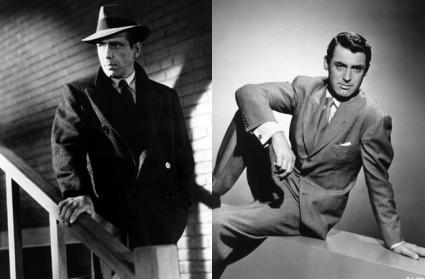 Bogart on a stair, Grant on a table, wearing suits and ties Bogart on a stair, Grant on a table, wearing suits and ties